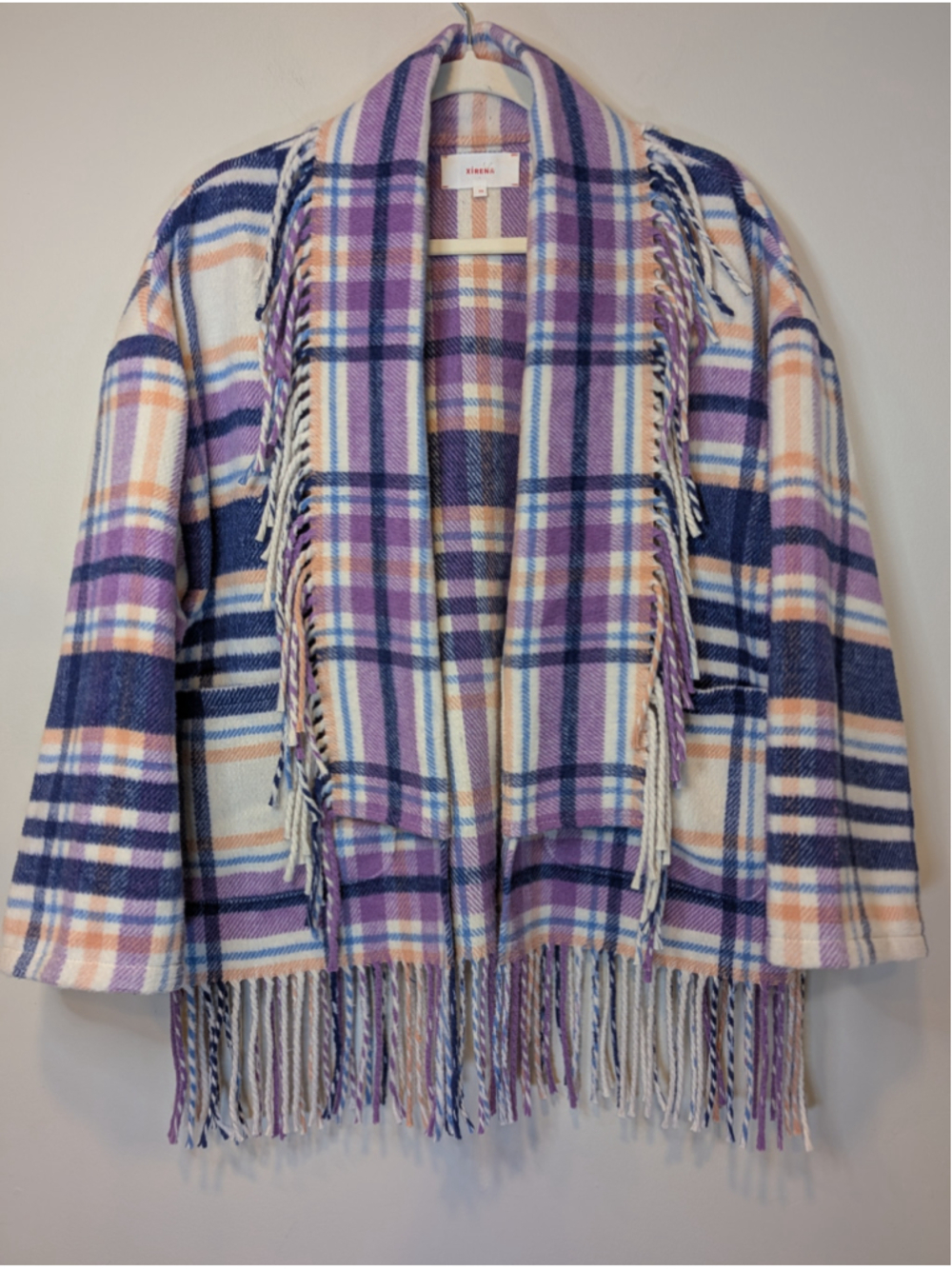 XIRENA Austyn Plaid Fringe Jacket XS New Without Tags NWOT Indigo Purple Cream
